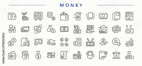 Set of Money line icon. It contains symbols to wealth, banking, financial, bank, wallet, credit, coin and more. Vector outline icons collection. Finance icon set. Editable stroke.
