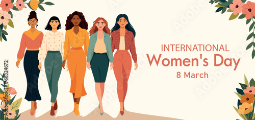 Vector horizontal illustration for March 8, Women's Day. Women of different cultures, nationalities, and skin tones walk together in a beautiful floral frame. Women's empowerment and gender equality