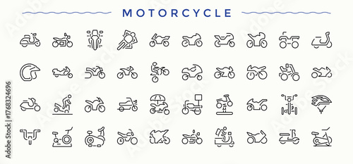 Motorcycle vector icon set. Editable stroke. Pixel Perfect. Vehicle line icon set. Contain linear sign motor, bicycle, bike, cycle, transport, sport, transportation and more.