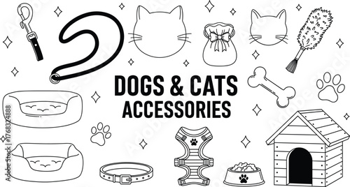 Dogs and cats accessories vector set, pet gear icons, leash, collar, harness, food bowl, paw prints, perfect for branding, packaging, promotion
