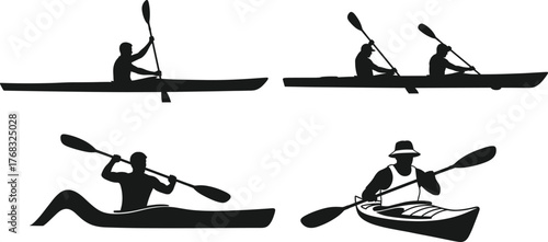 Kayaking silhouette vector set, solo and tandem paddlers in black and white, perfect for water sport branding, outdoor design, signage, recreation