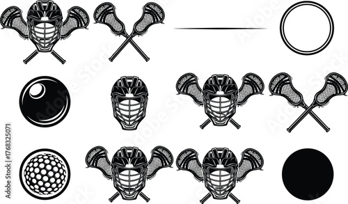 Lacrosse vector icons set, black and white sports symbols, crossed sticks, helmets, abstract ball designs, perfect for team branding, merchandise, promotions