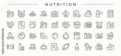 Set of Nutrition line icon. Contains such icons as protein, nutrient, metabolism, nourishment and more. Icons for UI designs. Metabolism vector icon set. Vector illustration.
