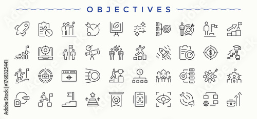 Objective icon set. Thin linear style icons. Related to task, assessment, goal, schedule, analysis. Editable stroke vector art. Project modern icon set.
