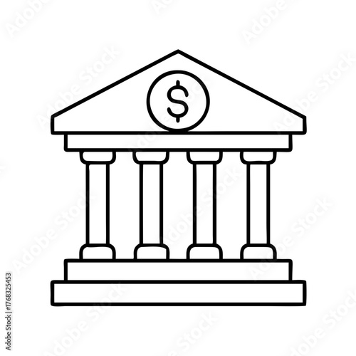 A simple outline drawing of a bank with four columns and a triangular roof, representing financial services