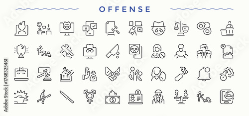 Offense icon set. Vector outline icons collection. Editable vector art. Corrupt icon set. Pack of laundering, bribery, criminal, bribe, corrupt, illegal and more.
