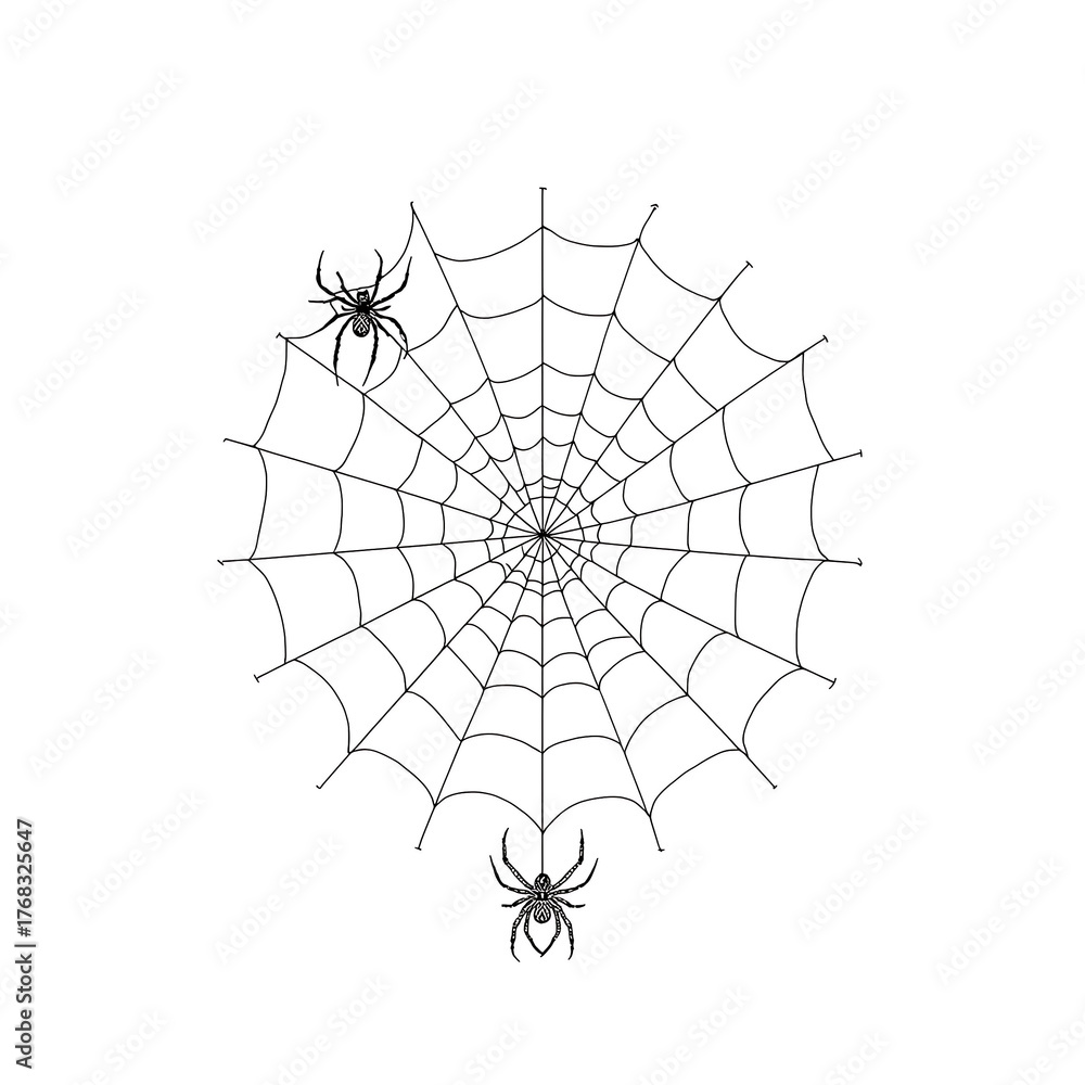 Obraz premium A black-and-white drawing of a spider web with two spiders, symmetrical circular pattern, radiating lines, and connecting arcs, in a minimalist style with a white background.