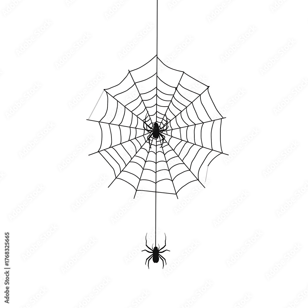 Obraz premium A black-and-white drawing of a spider web with two spiders, symmetrical circular pattern, radiating lines, and connecting arcs, in a minimalist style with a white background.