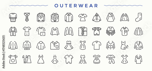 Outerwear icon set. Shirt linear icon set. Vector icons collection. Pictograms of shirt, suit, cloth, wear and more. Editable vector.