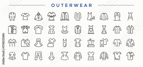 Outerwear line icon set. Contains outline symbols like clothing, fashion, shirt, dress, clothes, cloth, apparel and more. Clothing icon set. Web icons pack. Editable vector stroke.