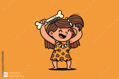 Happy Cave Girl Brushing Hair with Bone Comb Cartoon Illustratio