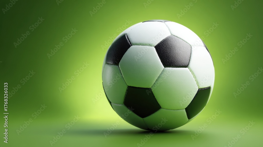 Naklejka premium A soccer ball is placed on a vibrant green surface illuminated by a soft gentle light.