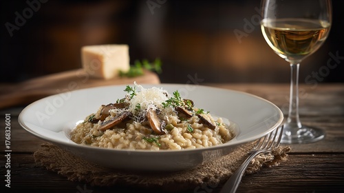 A delicious mushroom risotto served in a white bowl, garnished with cheese and herbs, with a glass of white wine and a block of cheese in the background