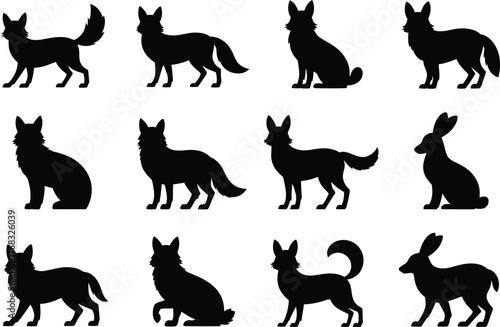 Collection of silhouettes of wild animals fox hare in various poses for design vector silhouette