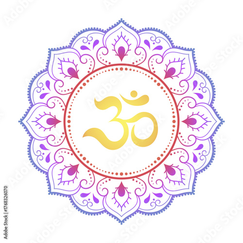 Color Circular pattern in form of mandala with ancient Hindu mantra OM and flower for Henna, Mehndi, decoration. Decorative ornament in oriental style. Rainbow design on white background.