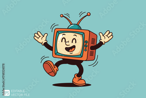 Happy Retro Television Cartoon Character Dancing Joyfully.