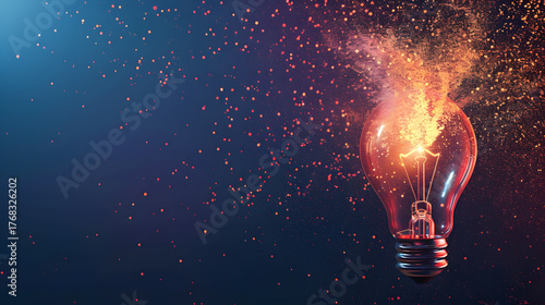 glowing lightbulb made of digital particles on dark gradient background, concept of creativity and innovation, ad banner layout with copy space