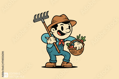 Happy Farmer Character with Rake and Harvest Basket.