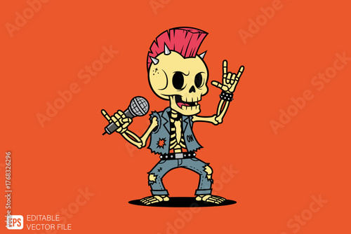 Cartoon Skeleton Rocker with Microphone and Punk Hairstyle.