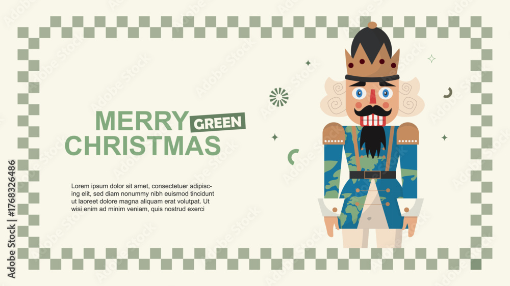 Fototapeta premium Nutcracker king with eco-friendly colors and “Merry Green Christmas” text, perfect for holiday cards, banners, and seasonal campaigns. Sustainable christmas concept. Flat style. Vector illustration