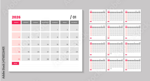 2026 monthly desk calendar planner vector template. Clean and simple corporate scheduler layout for all 12 months. Wall or desk simple 2026 Planner Calendar bundle with week start on Sunday.