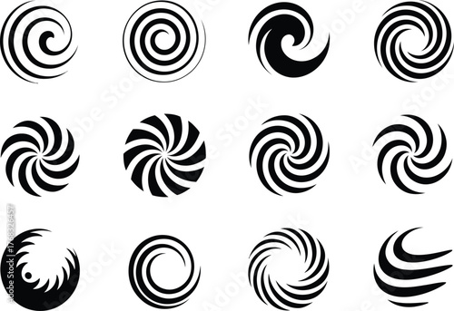 Collection of twelve textured black and white swirling spiral and vortex graphic elements vector silhouette
