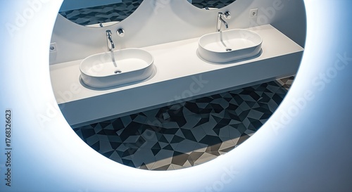 Bathroom sinks reflect in circular mirror, modern interior design