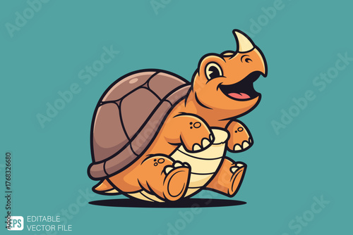 Cute Cartoon Turtle with Horn Smiling Happily.