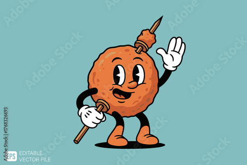 Retro Cartoon Meatball Character Waving with Skewer.