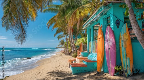 Colorful surfboards rest against a cozy beach hut surrounded by lush palm trees and golden sand.
