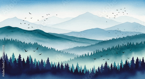 Tranquil watercolor landscape painting with layers of foggy blue mountains, pine tree silhouettes and birds. Vector art banner