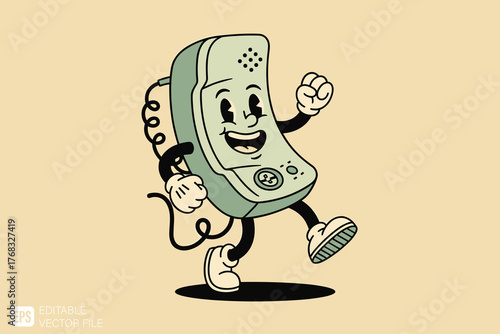 Retro Cartoon Telephone Character Walking with a Cheerful Expres