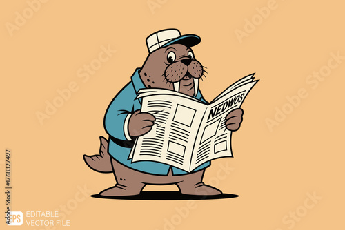Cartoon walrus character wearing a hat and jacket reading a news