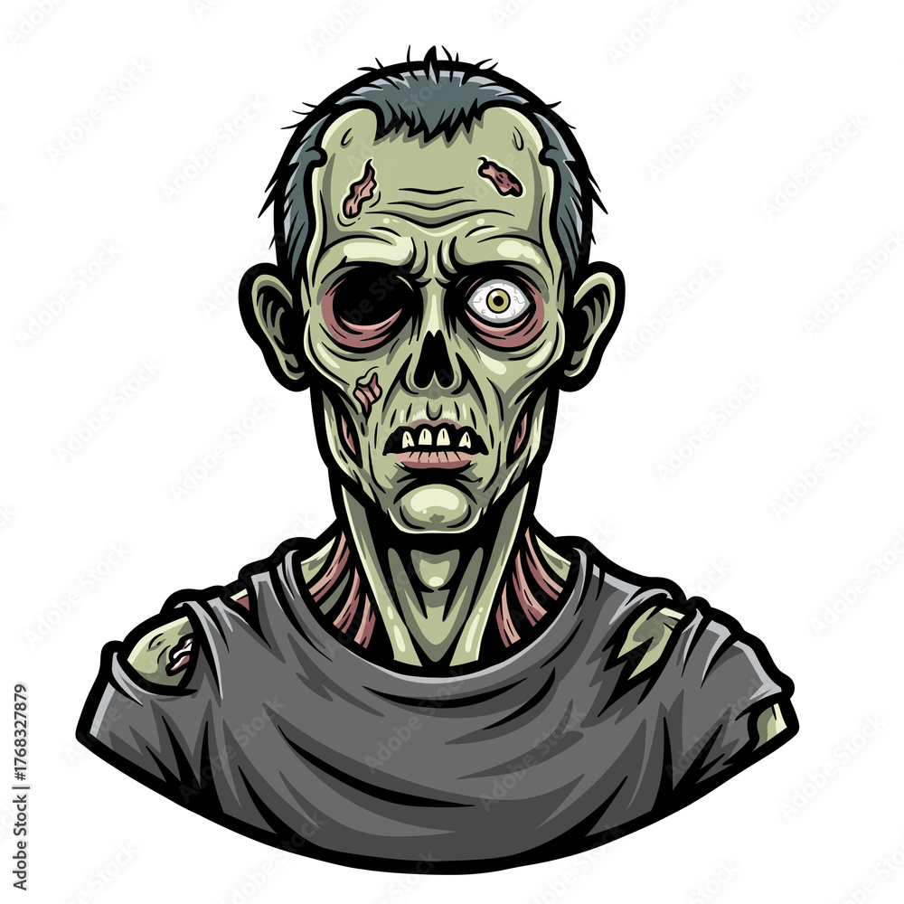 Fototapeta premium Terrifying zombie portrait with vacant stare and decaying flesh, perfect for horror and Halloween themes, creating an unsettling atmosphere for your projects