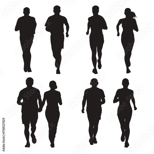 Group of Diverse People Running and Jogging Silhouette Set, Healthy Lifestyle and Fitness
