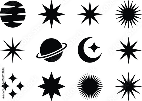 Celestial icons collection cosmic stars moon planet sunburst grunge style isolated elements vector silhouette