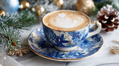 Wallpaper Mural A warm latte with intricate latte art sits in a decorative cup amidst festive holiday decor. Torontodigital.ca