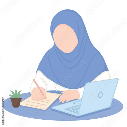 illustration of a Muslim woman studying in front of a laptop 