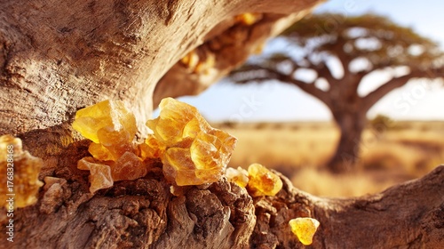 frankincense. Frankincense tree in dry African landscape with glistening resin tears. gardening catalogs, home-decor guides, designed for home decor and floral branding, used by teachers.