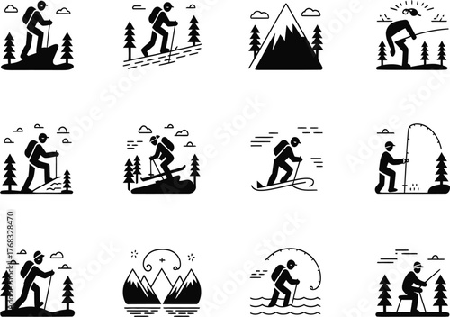 Collection of outdoor activity icons showcasing hiking skiing and fishing adventures vector silhouette