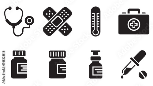 Solid Black Medical Tools Vector Icons Set | Stethoscope, Syringe, First Aid Kit, Thermometer, Bandage, Pill Bottle, Dropper & Medical Cross Glyph Icons | Minimalist Flat Design Health