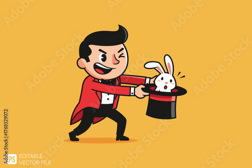 Magician pulling a white rabbit out of a black top hat with a wi