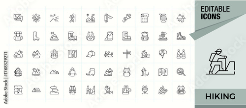 Hiking linear icon collection. Hike linear icon collection. Minimal icons pack. Contain linear sign travel, camp, vacation, trip, tourism, camping, outdoor and more. Pixel perfect. Editable vector.