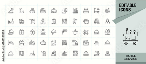 Hotel Service icon set. Minimalist linear icons. It contains symbols to hotel, hostel, travel, room service, receptionist. Editable vector. Pixel perfect. Reception icon set.