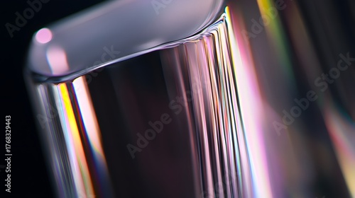 Close up view of highly polished, curved material showing spectral light refraction against a dark background