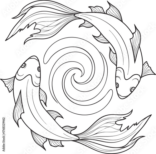 Stylized black and white line art of two koi fish swimming in a circular yinyang formation with a central swirl.