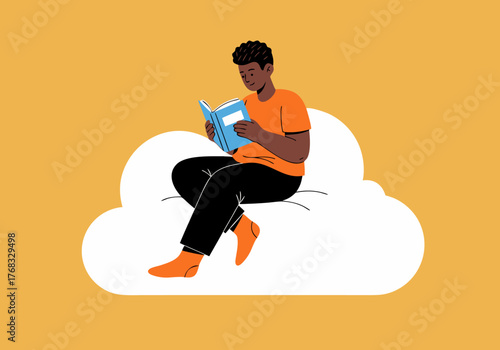 A young Black man sitting on a cloud and reading a book, representing the power of imagination and knowledge