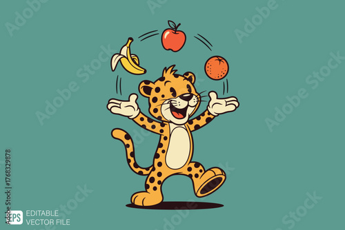 Happy Leopard Juggling Fruits Cartoon Illustration.