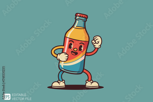 Retro Cartoon Soda Bottle Character with Expressive Face and Pos