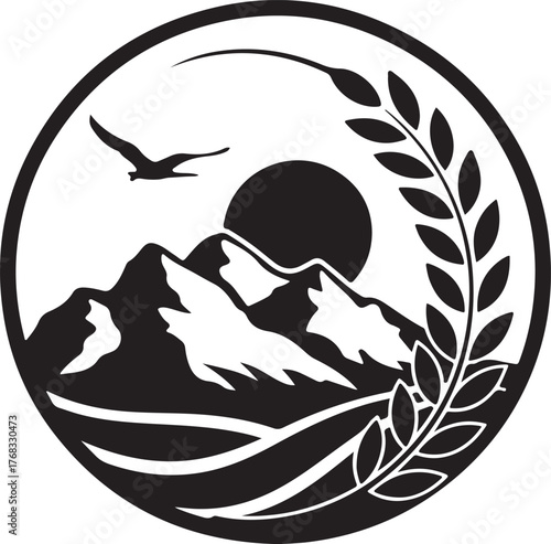 Mountains sun bird wheat circle graphic mountains, sun, bird, wheat, circle, graphic, nature, landscape, sky, outdoors, peak, flight, grain, symbol, design, illustration, art, element, abstract, shape
